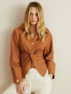 Baumwoll-Nylon-Bluse 'Idris' mit Knotendetails Braun