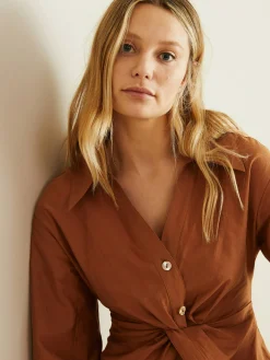 Baumwoll-Nylon-Bluse 'Idris' mit Knotendetails Braun