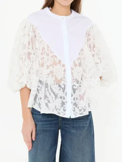 Bestickte Spitzenbluse mit Ballonärmel Weiß