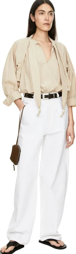 Bluse aus Baumwollkrepp mit Bindebändern Beige