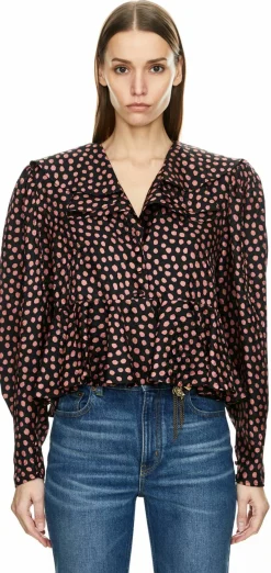 Bluse aus Seidenjacquard mit V-Ausschnitt Schwarz
