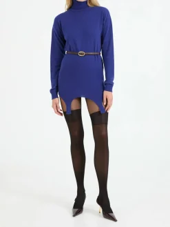 Cashmere-Rollkragenpullover mit Strumpfhaltern Mittelblau