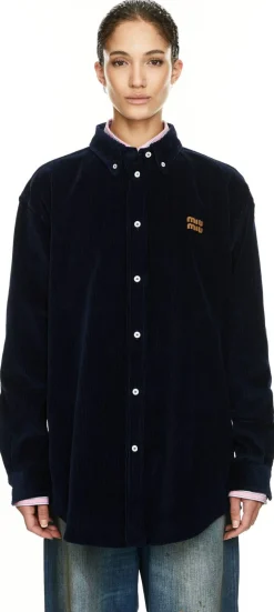 Cordhemd mit Wildleder Details Marineblau