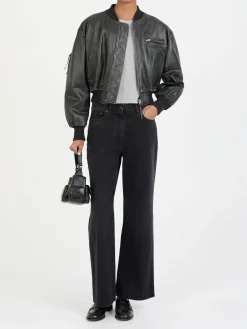 Cropped Bomberjacke aus Leder Schwarz