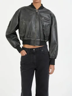 Cropped Bomberjacke aus Leder Schwarz