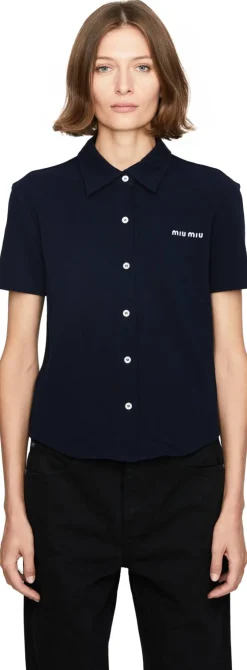 Cropped Hemd mit Logo-Stickerei Marineblau