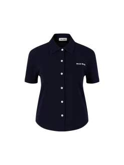 Cropped Hemd mit Logo-Stickerei Marineblau