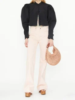 Cropped Jacke aus Seidenfaille mit Puffärmeln Schwarz