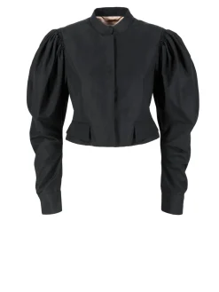 Cropped Jacke aus Seidenfaille mit Puffärmeln Schwarz