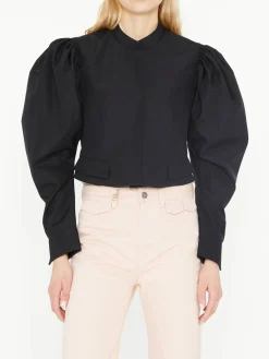 Cropped Jacke aus Seidenfaille mit Puffärmeln Schwarz