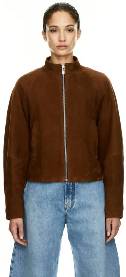 Cropped Lederjacke mit Stehkragen Braun