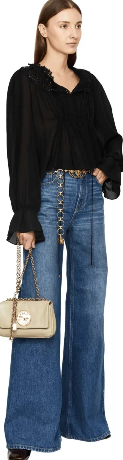 Cropped Seidenbluse mit Rüschen Schwarz