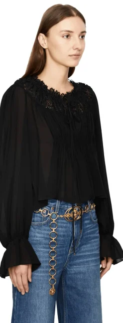 Cropped Seidenbluse mit Rüschen Schwarz