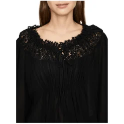 Cropped Seidenbluse mit Rüschen Schwarz
