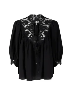 Fließende Bluse aus Crêpe de Chine und Spitze Schwarz