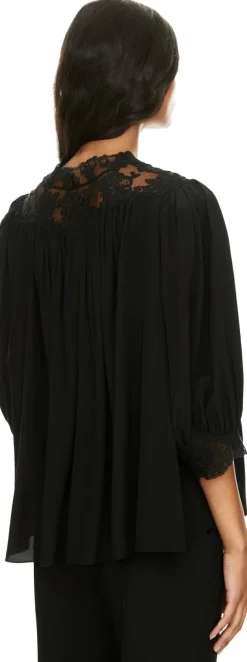 Fließende Bluse aus Crêpe de Chine und Spitze Schwarz