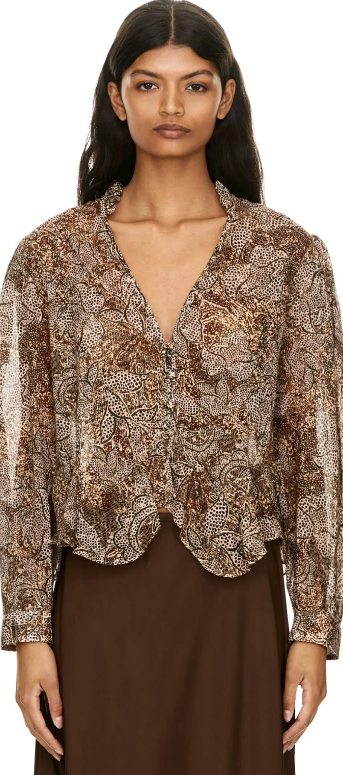 Florale Bluse 'Celeny' mit Volants Braun