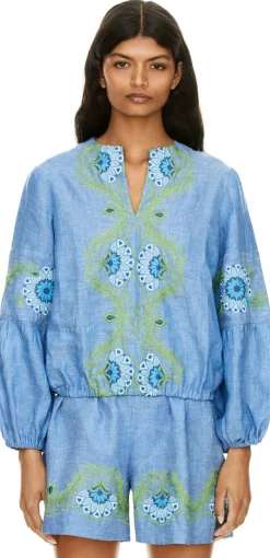 Florale Bluse 'Pepe' mit Stickerei aus Leinen Blau