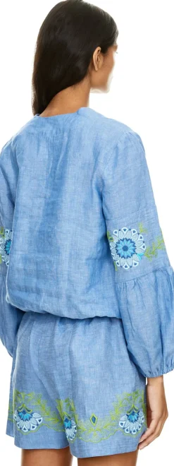 Florale Bluse 'Pepe' mit Stickerei aus Leinen Blau