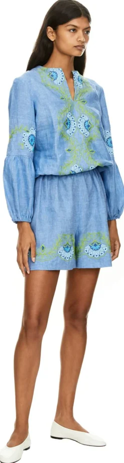 Florale Bluse 'Pepe' mit Stickerei aus Leinen Blau