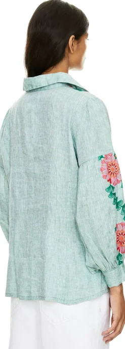 Florale Bluse 'Salvia' mit Stickerei aus Leinen Grün