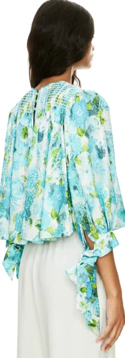 Florale Cropped-Bluse aus Seidenjacquard Petrol