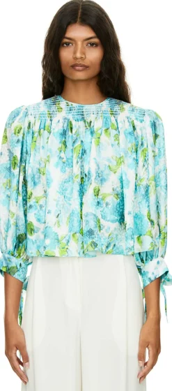 Florale Cropped-Bluse aus Seidenjacquard Petrol