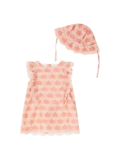 Florales Set aus Rüschenkleid und Mütze Rosé