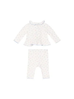 Florales Twin-Set mit Ajour-Lochmuster Cremé