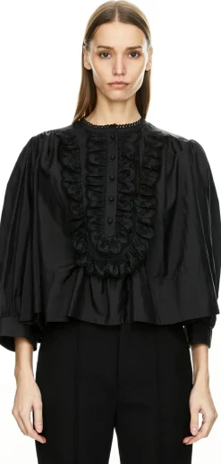 Geraffte Bluse mit Rüschen Schwarz