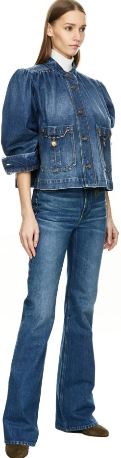 Geraffte Jeansjacke mit Puffärmel Blau