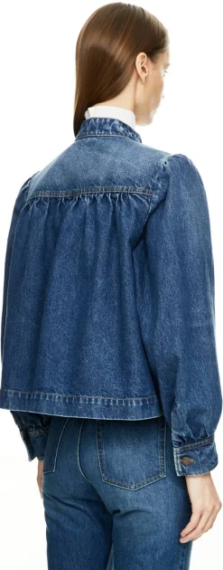 Geraffte Jeansjacke mit Puffärmel Blau