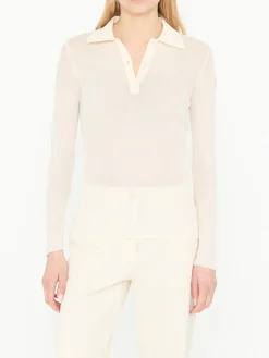 Geripptes Langarmshirt mit Polokragen Crème