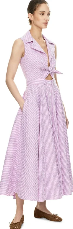 Gestreiftes Midikleid mit Seersucker-Optik Pink