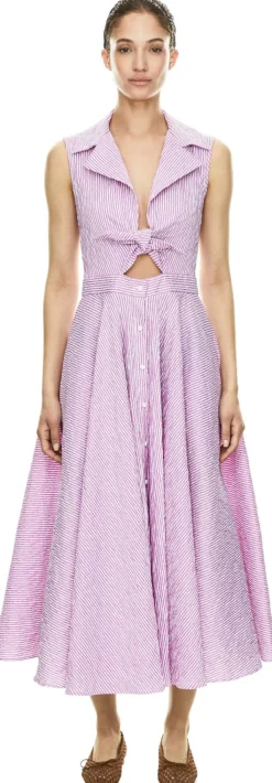 Gestreiftes Midikleid mit Seersucker-Optik Pink