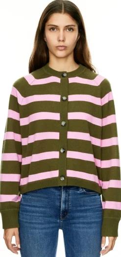 Gestreifte Woll-Cashmere-Strickjacke Olivgrün/Pink