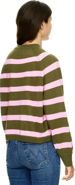 Gestreifte Woll-Cashmere-Strickjacke Olivgrün/Pink