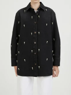Jeanshemd mit Perlenstickerei Schwarz