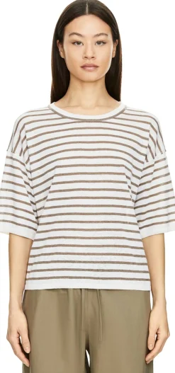 Kurzarmpullover 'Emina' aus Seide und Leinen Off White/Taupe