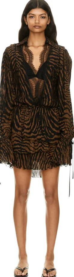 Kurzes Chiffonkleid mit Volants und Spitze Braun
