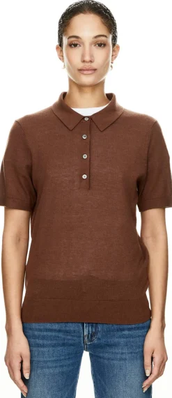 Kurzärmeliger Seiden-Cashmere-Polopullover Choc Mousse