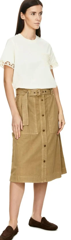 Kurzärmeliges T-Shirt mit Makramee-Besatz Beige