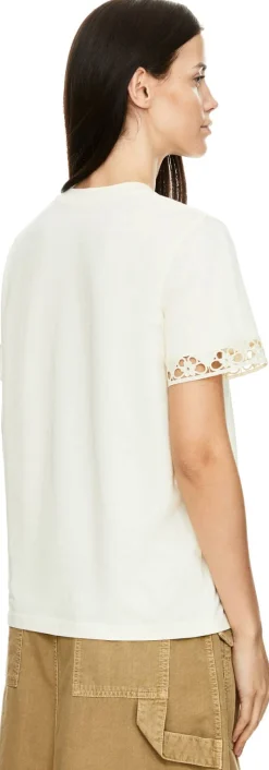 Kurzärmeliges T-Shirt mit Makramee-Besatz Beige