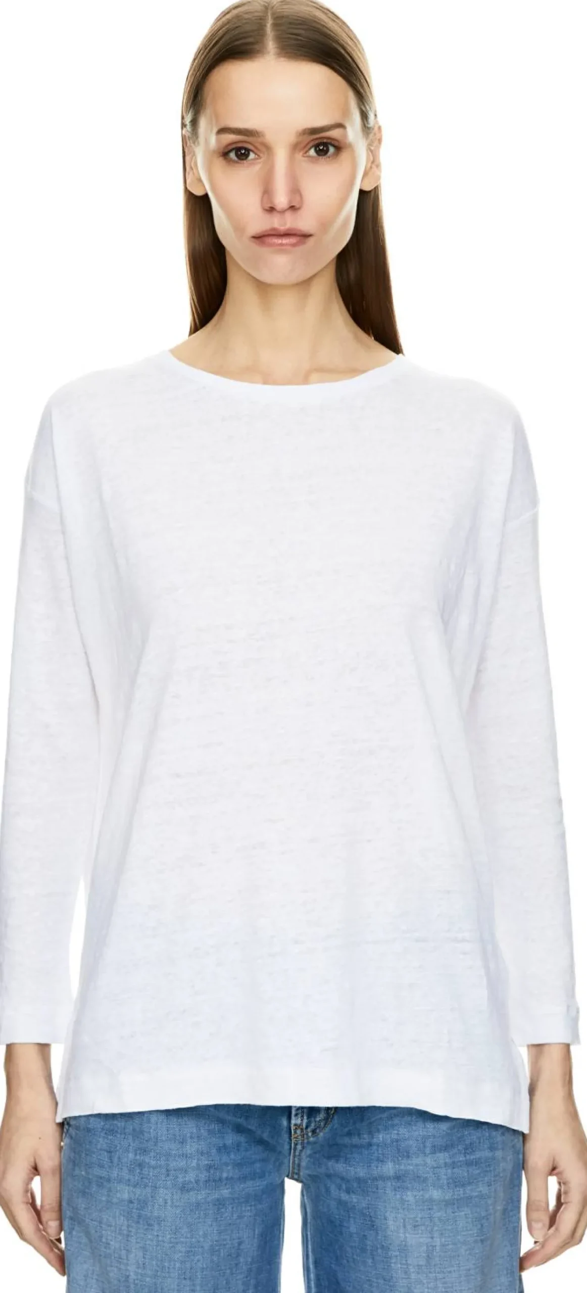 Langarmshirt aus Leinen mit U-Boot Ausschnitt Crème