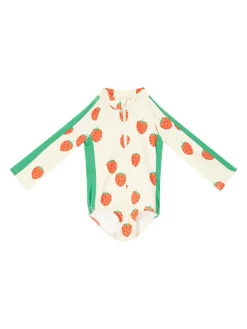 Langärmeliger Badeanzug 'Strawberries' in Off-White