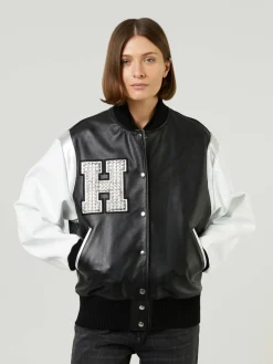 Lederbomberjacke im College-Stil Schwarz