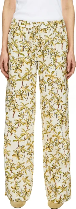 Leinenhose 'Violetta' mit Palmen-Print Crème