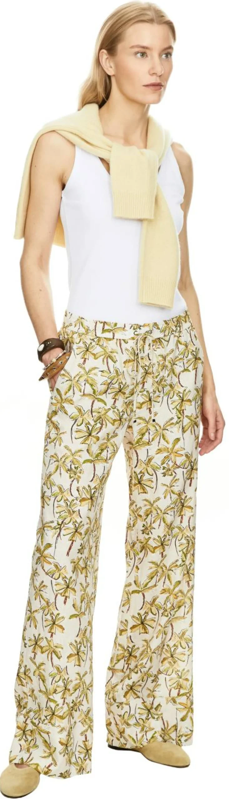 Leinenhose 'Violetta' mit Palmen-Print Crème