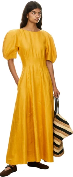 Leinenkleid 'Ranya' mit Puffärmel Gelb