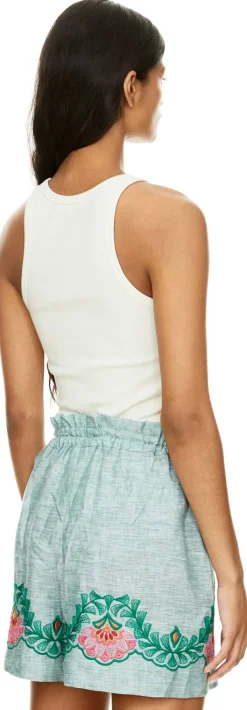 Leinenshorts 'Fava' mit Blumen Stickerei Grün